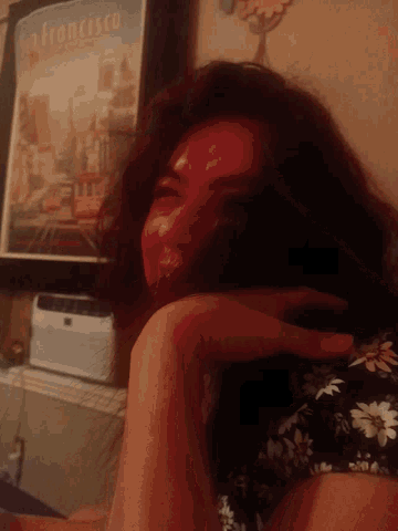 a woman is laying in front of a framed picture that says ' san francisco '