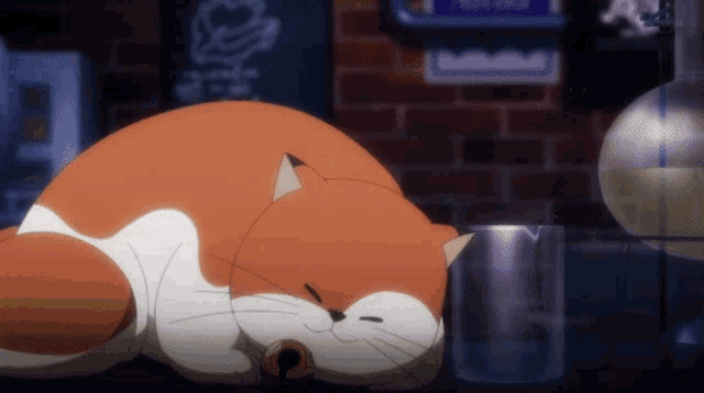 an orange and white cat is laying down on a counter
