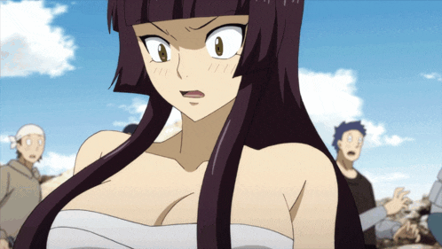 a woman with purple hair and a white shirt is standing in front of a group of people
