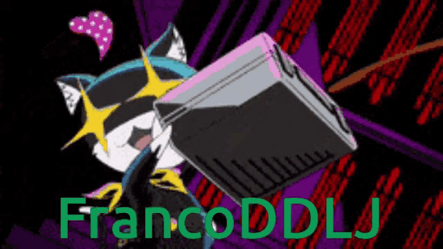 a cartoon of a cat holding a box with the name francoddllj on the bottom