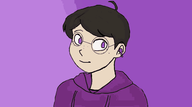 a drawing of a boy wearing a purple hoodie and glasses