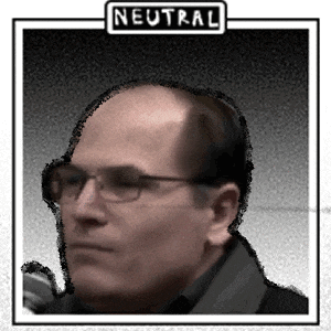 a picture of a bald man with glasses and a neutral sign above his head