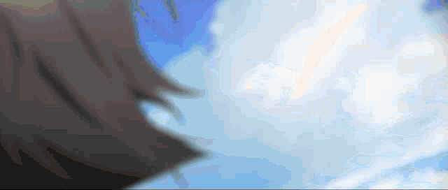 a close up of a person 's head against a blue sky with white clouds .