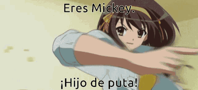 a picture of a girl with the words eres mickey hijo de puta on it