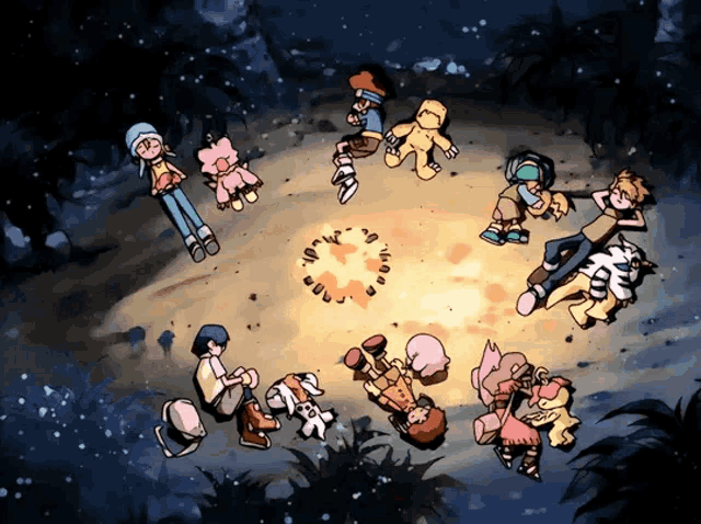 a cartoon of a group of kids laying around a fire at night
