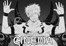 a black and white drawing of a man with horns and the words cinema .