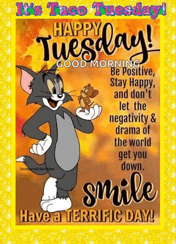a happy tuesday good morning greeting card with tom and jerry