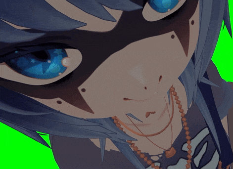 a close up of a person 's face with a green screen behind them