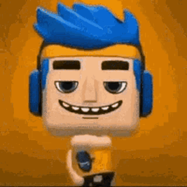 a ninja funko pop with blue hair and headphones is holding a cup of coffee .