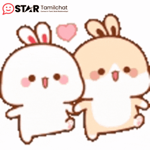 a couple of rabbits holding hands with a star tamilchat logo in the background