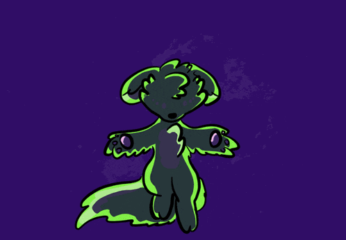 a cartoon drawing of a black and green animal with wings