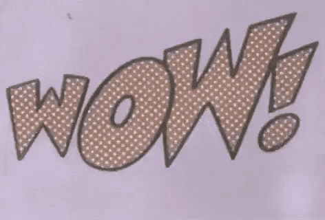 a close up of the word wow on a purple background with polka dots .