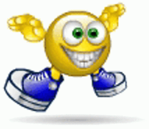 a cartoon smiley face is wearing blue sneakers and flying in the air .