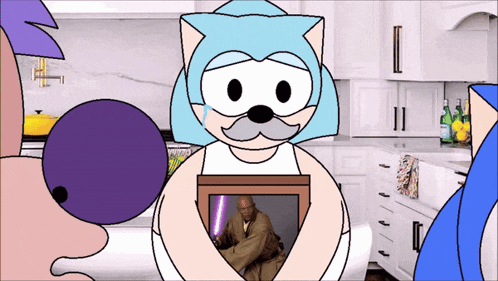 a cartoon character holding a picture of a man with a light saber