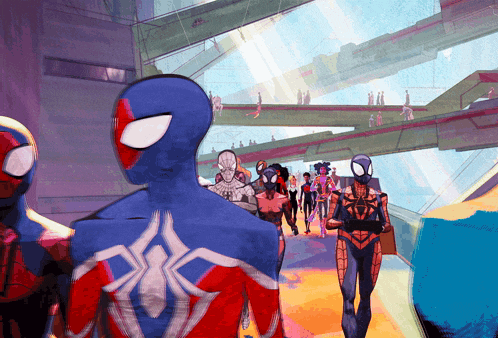 a group of spidermans are walking down a staircase