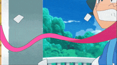 a cartoon character with a pink scarf around his neck is smiling