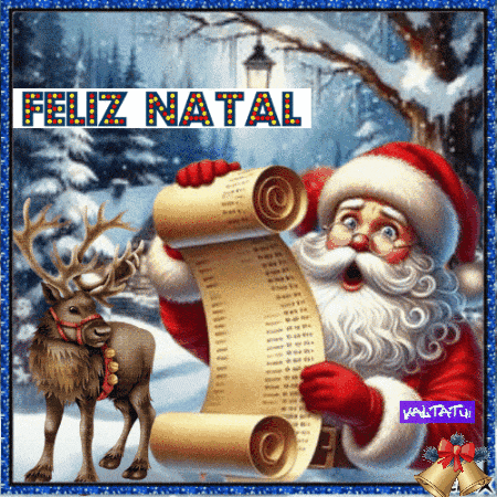 a picture of santa claus holding a scroll with feliz natal written above him