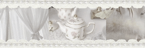 a white teapot sits on a table with a white lace border around it