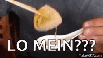 a person is pouring something into a spoon with the words lo mein written on it