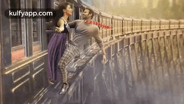 a man and a woman are standing on a train .