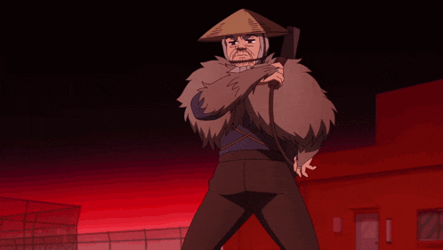 a cartoon drawing of a person holding a rifle with chinese writing behind them