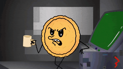 a cartoon drawing of a pie with an angry face holding a cup