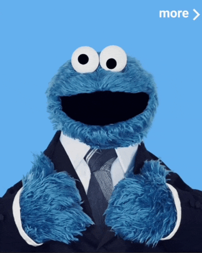 cookie monster is wearing a suit and tie and has a blue background with the word more on it
