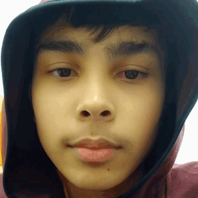 a close up of a young man 's face wearing a hooded jacket .