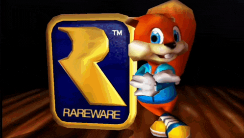 a rareware logo with a squirrel in the background