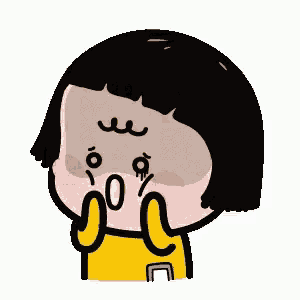 a cartoon girl with short black hair is covering her mouth with her hands and making a surprised face .