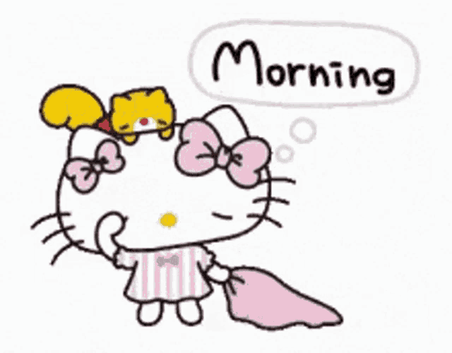 a hello kitty cartoon with a cat on her head and the word morning above her