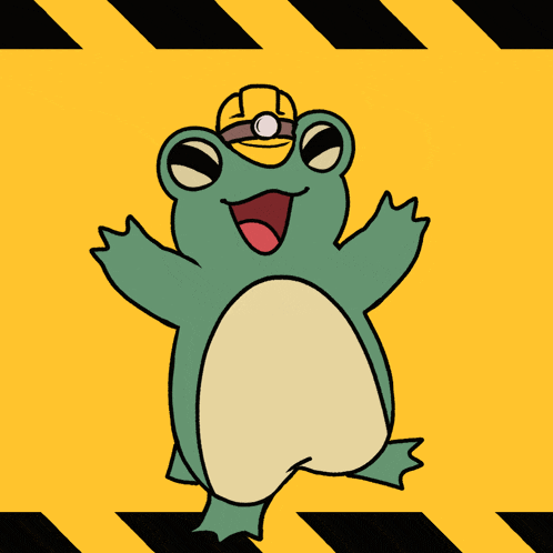 a frog wearing a hard hat is standing in front of a yellow caution sign