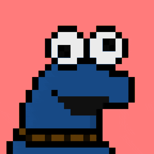 a pixel art of cookie monster holding a brown cookie