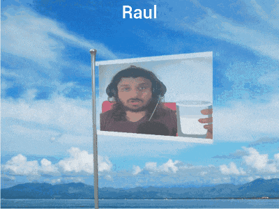 a flag with a picture of a man holding a cup and the name raul