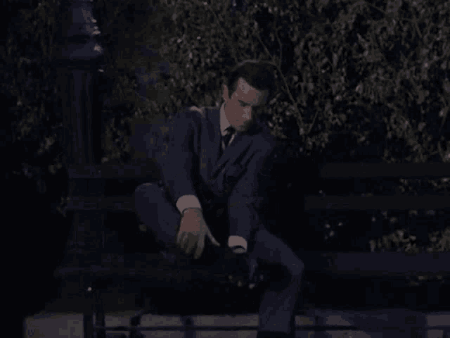 a man in a suit and tie is sitting on a bench holding a bird