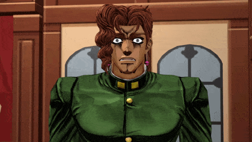 a cartoon character with a surprised look on his face wearing a green jacket