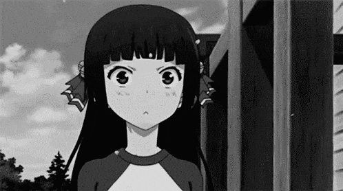 a black and white cartoon of a girl with long black hair standing next to a building .