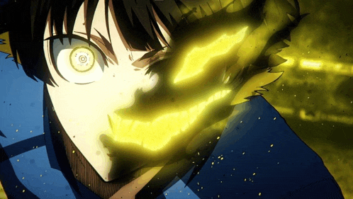 a close up of a person 's face with a yellow glowing eye