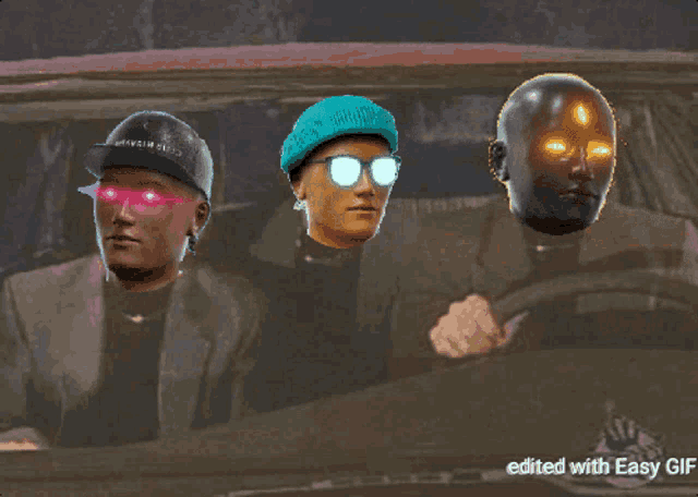 a gif of three men in a car with the words edited with easy gif below them