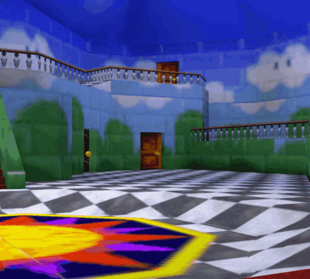 a video game scene with a checkered floor and a staircase