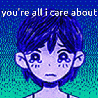 a pixel art of a girl with blue hair and tears on her face with the words `` you 're all i care about '' .