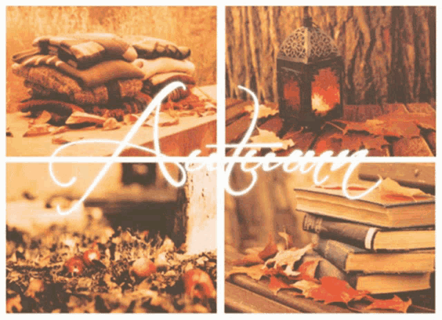 a stack of books sits on a table with the word autumn written on it