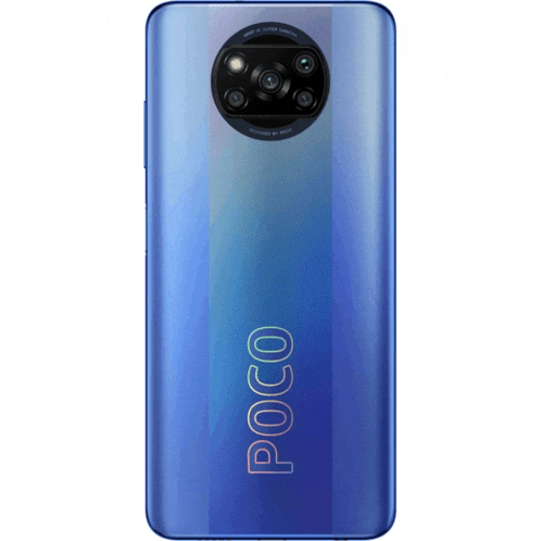 the back of a blue poco phone with a camera on the back