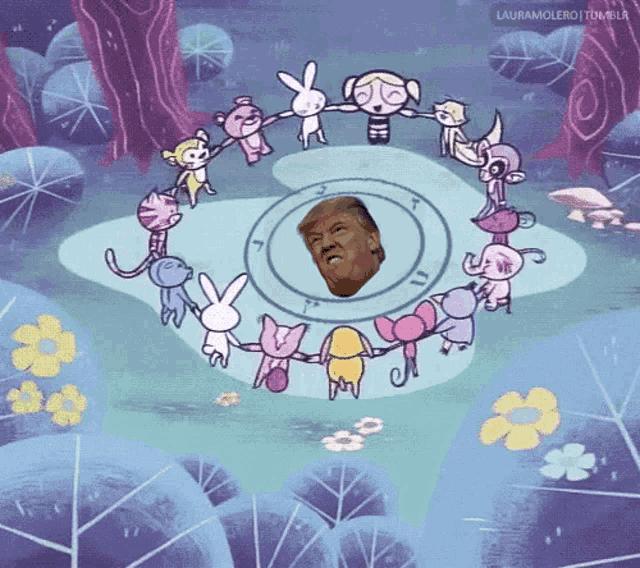 a cartoon drawing of a circle of animals with donald trump in the center