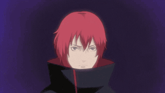 a cartoon character with red hair and the name sasori