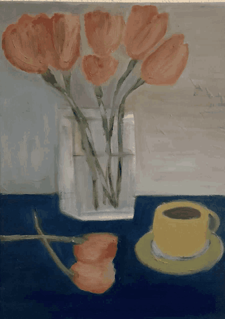 a painting of flowers and a cup of coffee on a blue table