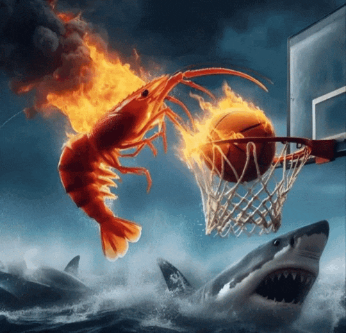 a flaming shrimp is trying to dunk a basketball in a hoop