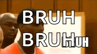 a man in an orange vest is standing in front of a sign that says bruh bruh