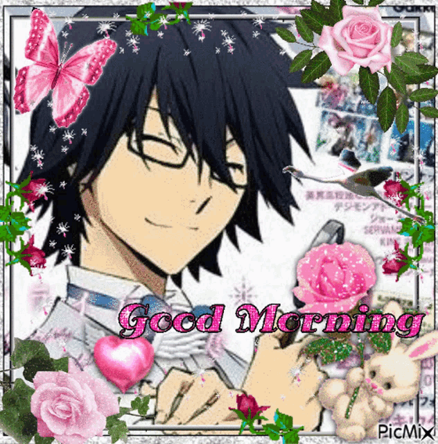 a picture of a man surrounded by flowers and butterflies with the words good morning written on the bottom
