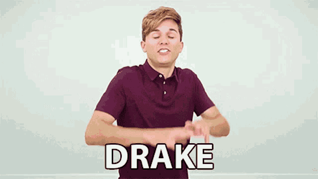 a young man in a purple shirt is making a funny face and says drake in white letters .